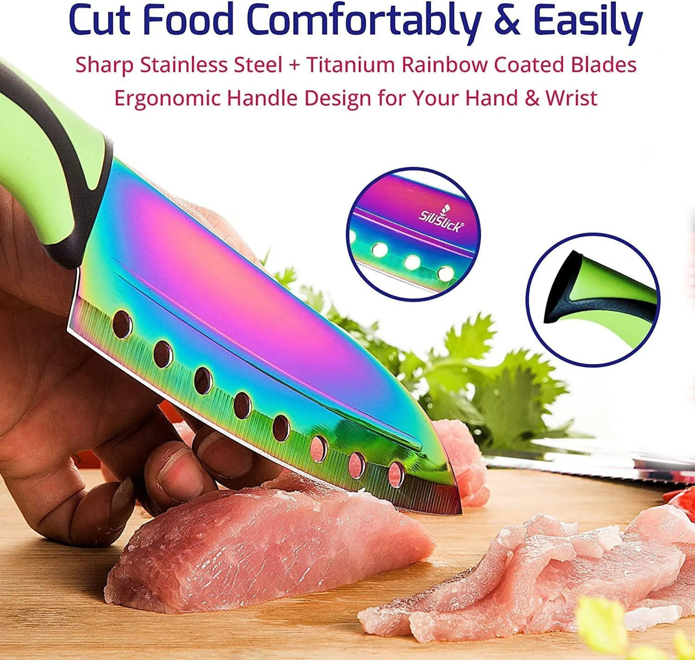 Kitchen Knife Set Kit 5 Dishwasher Safe Colorful Knives Knife Sharpener & Magnetic Wall Bar Titanium Non Stick Plating Stainless Steel