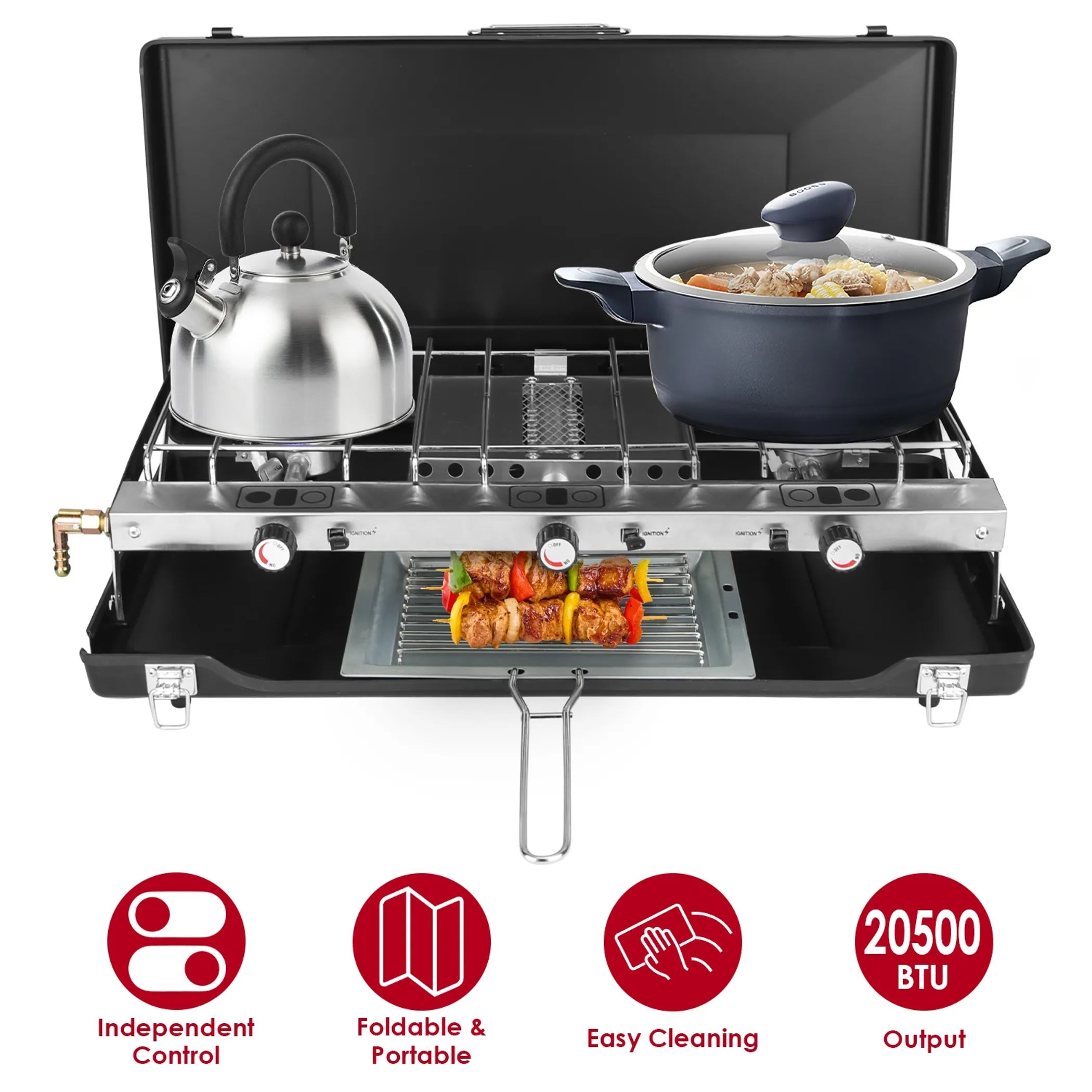 3 Burner Camping Stove 20000 BTU Portable Foldable Propane Stove