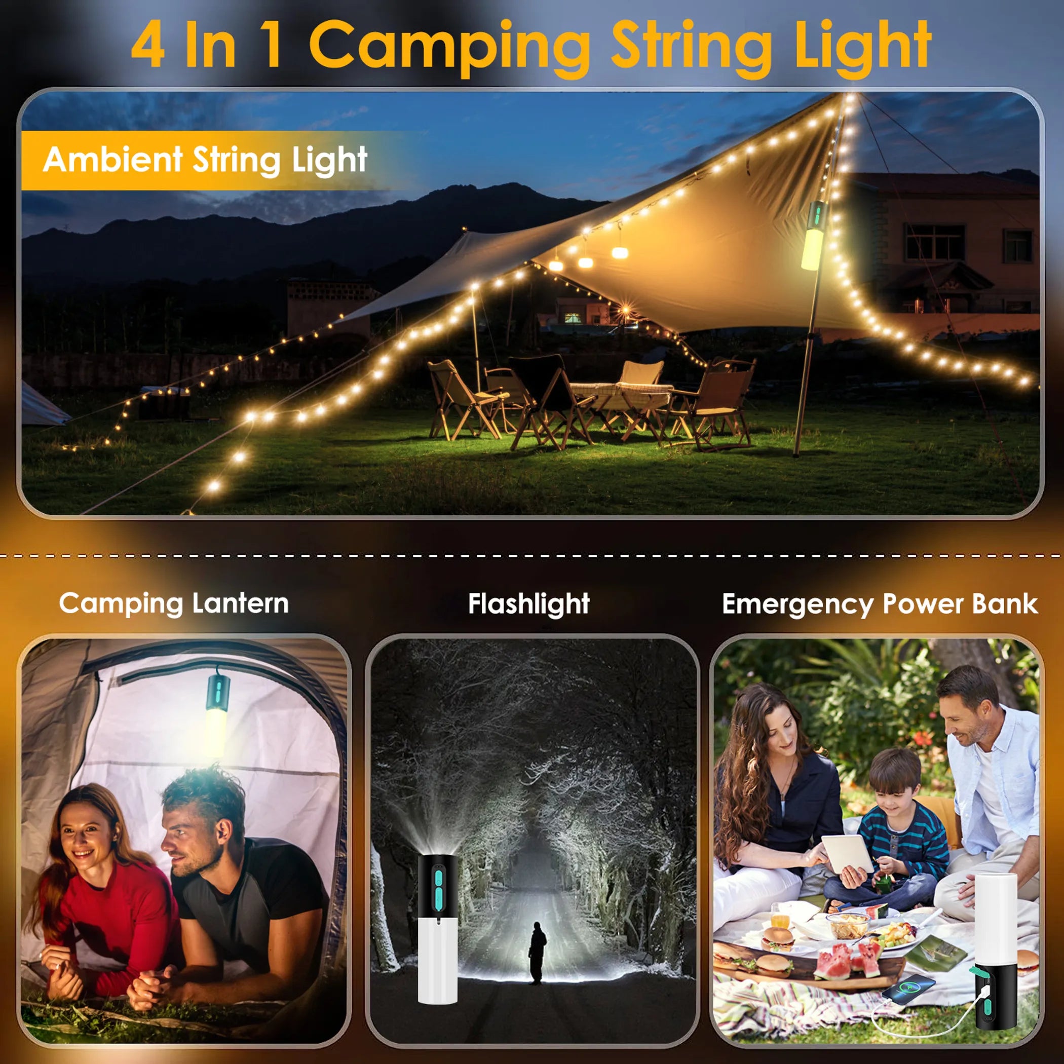 4 In 1 Rechargeable Camping String Light